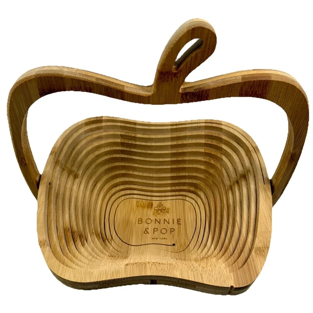 Bonnie & Pop Bamboo Apple Shaped Folding Basket Trivet Cutting Board NWOT Unused
